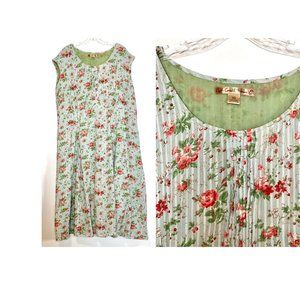 April Cornell Blue Floral Dress ~ W2 ~ Pintuck detail ~ sage green slip